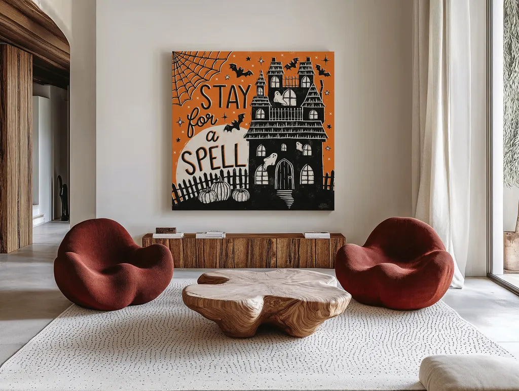 Hocus Pocus III by Laura Marshall. Shown as extra-large giant wall art in a modern living room. Available as an archival giclee rolled canvas, fine art paper, or poster print. SKU 83206a.