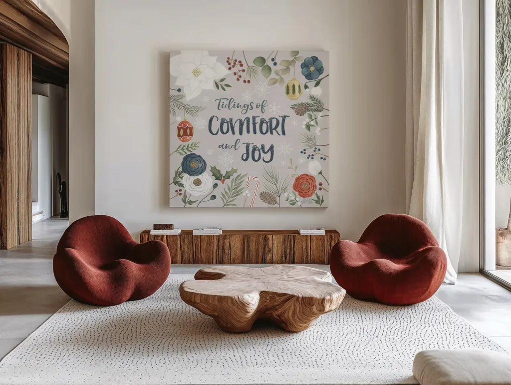 Holiday Garden VI by Laura Marshall. Shown as extra-large giant wall art in a modern living room. Available as an archival giclee rolled canvas, fine art paper, or poster print. SKU 37099a.