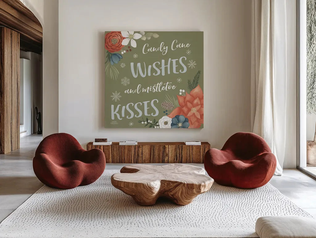 Holiday Garden X by Laura Marshall. Shown as extra-large giant wall art in a modern living room. Available as an archival giclee rolled canvas, fine art paper, or poster print. SKU 37103a.
