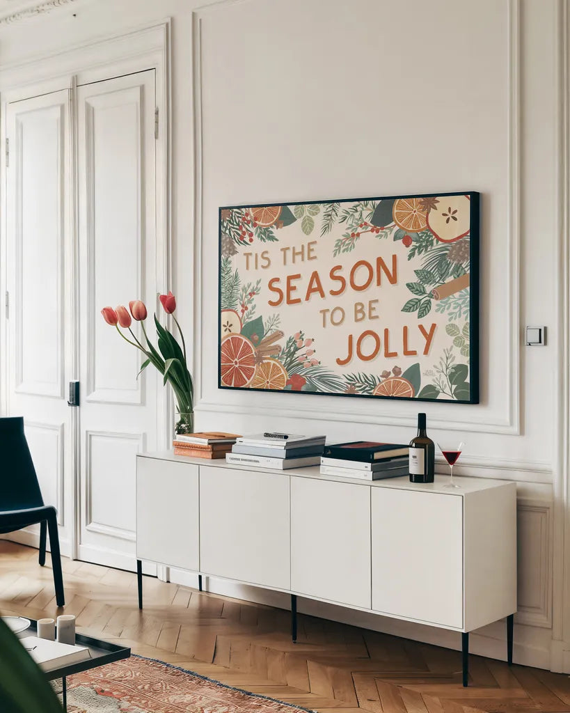 Holiday Spice I by Laura Marshall. shown as a framed stretched canvas in a living room above a console. Available as a archival giclee rolled canvas, fine art paper, or poster print. SKU 67385i.