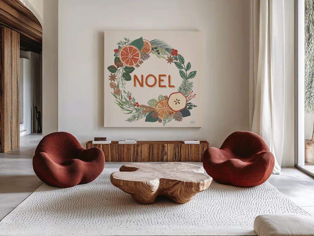Holiday Spice V by Laura Marshall. Shown as extra-large giant wall art in a modern living room. Available as an archival giclee rolled canvas, fine art paper, or poster print. SKU 67389a.