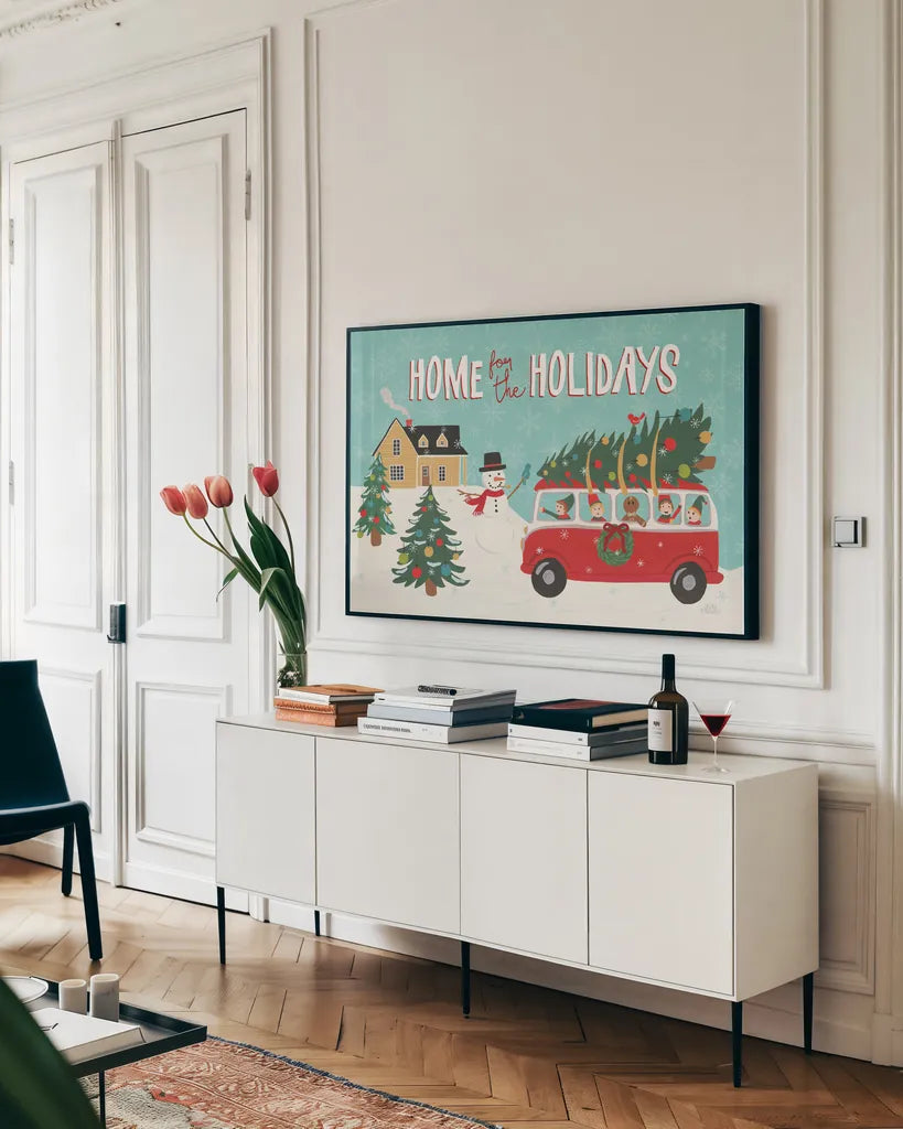 Holiday Travelers I by Laura Marshall. shown as a framed stretched canvas in a living room above a console. Available as a archival giclee rolled canvas, fine art paper, or poster print. SKU 43980i.