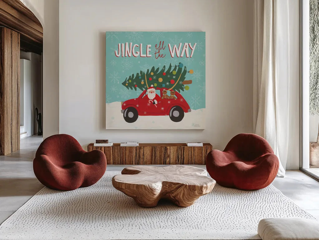 Holiday Travelers III by Laura Marshall. Shown as extra-large giant wall art in a modern living room. Available as an archival giclee rolled canvas, fine art paper, or poster print. SKU 43982a.