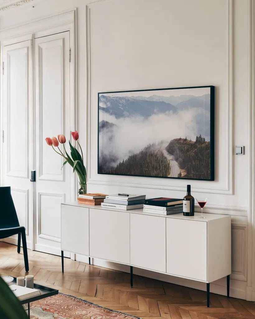 Hurricane Ridge III by Laura Marshall. shown as a framed stretched canvas in a living room above a console. Available as a archival giclee rolled canvas, fine art paper, or poster print. SKU 63267i.