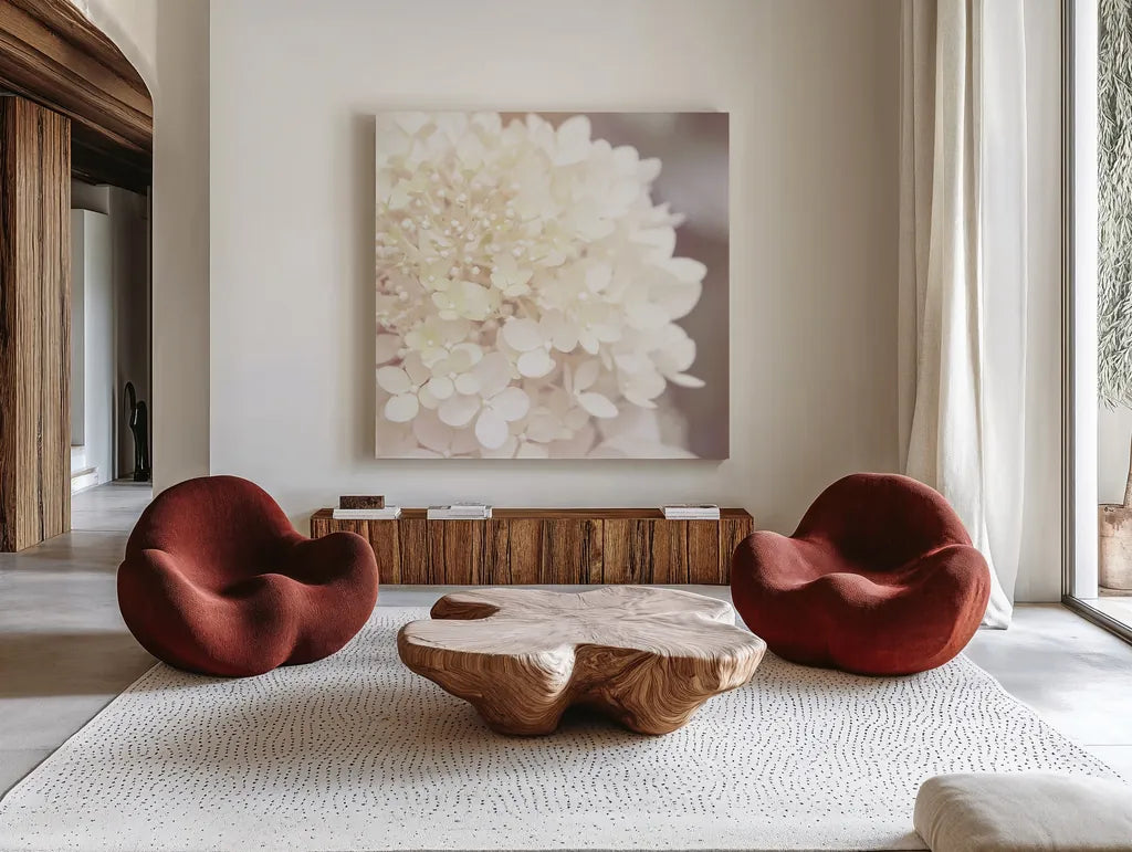 Hydrangea Dream I by Laura Marshall. Shown as extra-large giant wall art in a modern living room. Available as an archival giclee rolled canvas, fine art paper, or poster print. SKU 21916a.