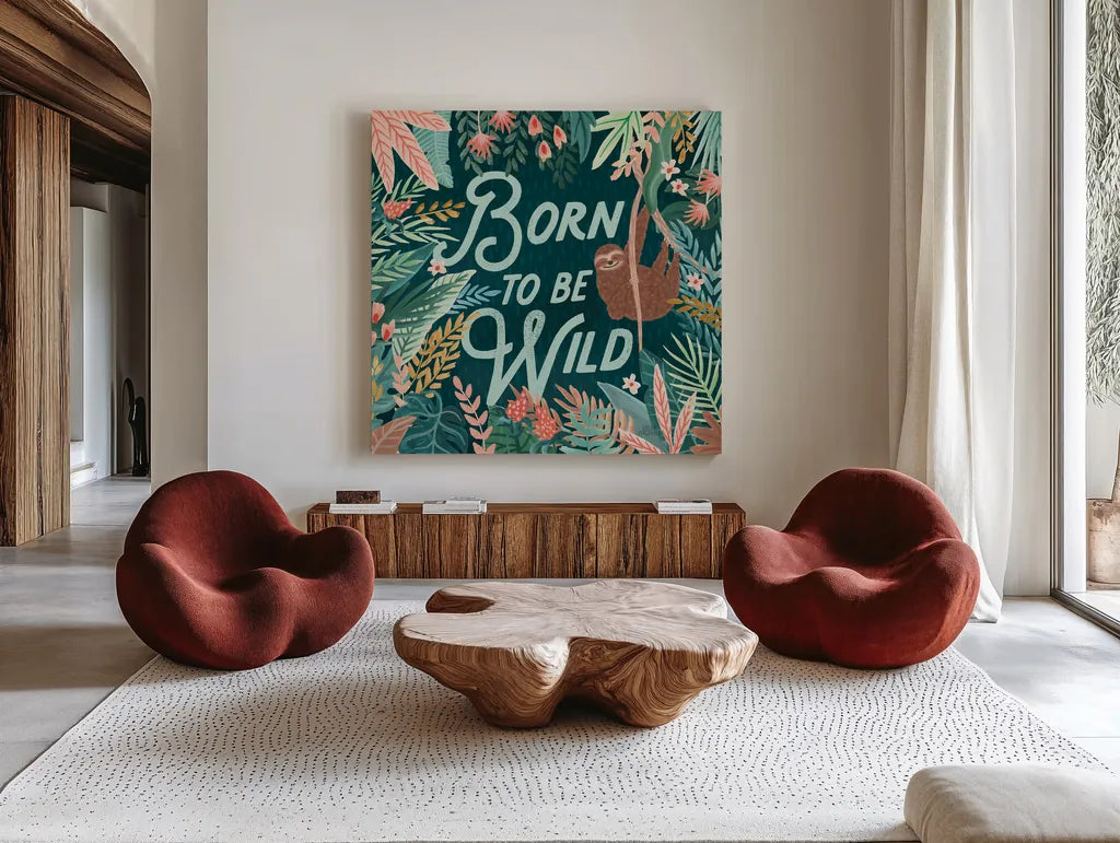 Jungle Hangout II Born to be Wild by Laura Marshall. Shown as extra-large giant wall art in a modern living room. Available as an archival giclee rolled canvas, fine art paper, or poster print. SKU 70221a.