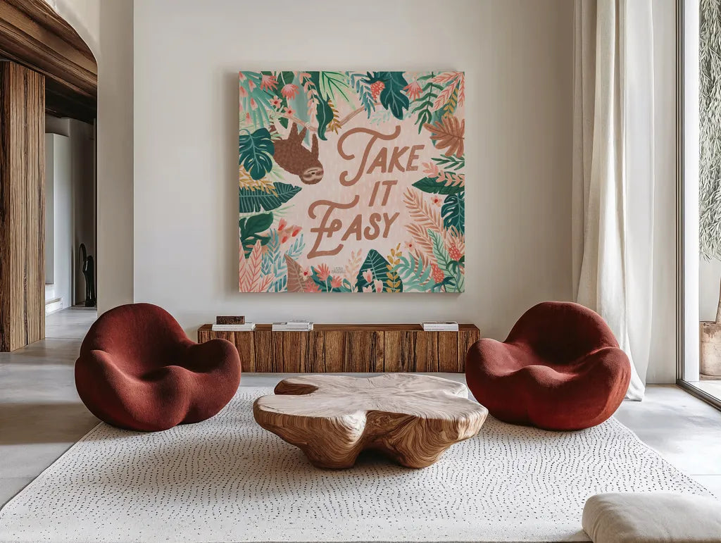 Jungle Hangout III by Laura Marshall. Shown as extra-large giant wall art in a modern living room. Available as an archival giclee rolled canvas, fine art paper, or poster print. SKU 55742a.