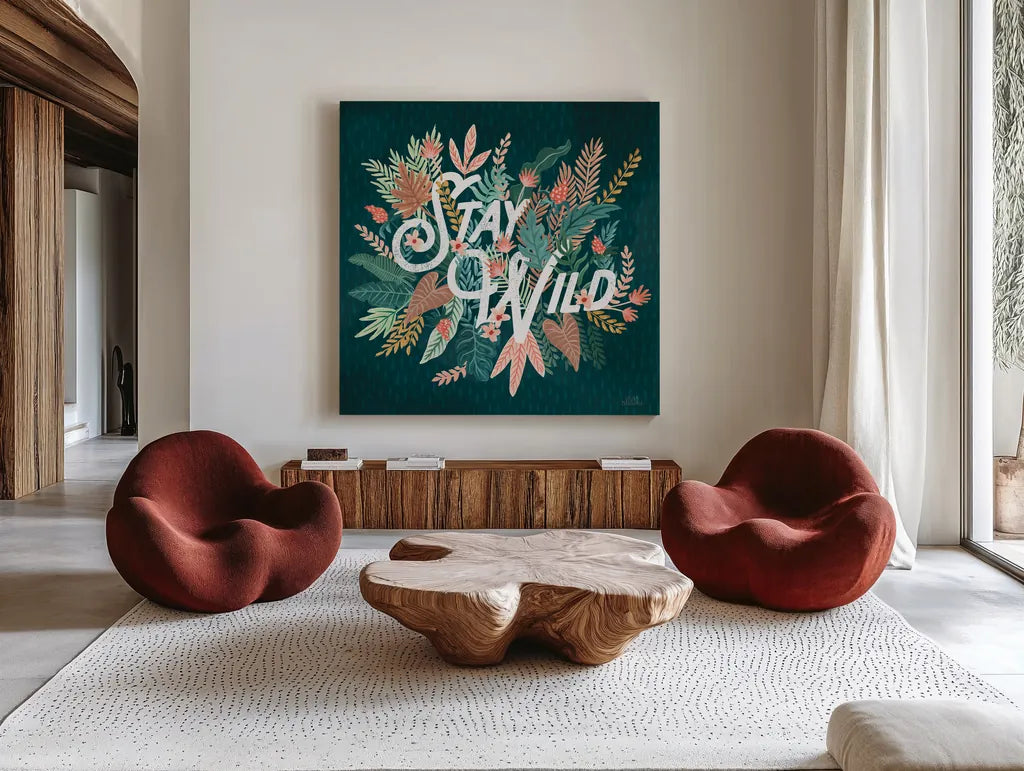 Jungle Hangout V No Sloth by Laura Marshall. Shown as extra-large giant wall art in a modern living room. Available as an archival giclee rolled canvas, fine art paper, or poster print. SKU 59123a.