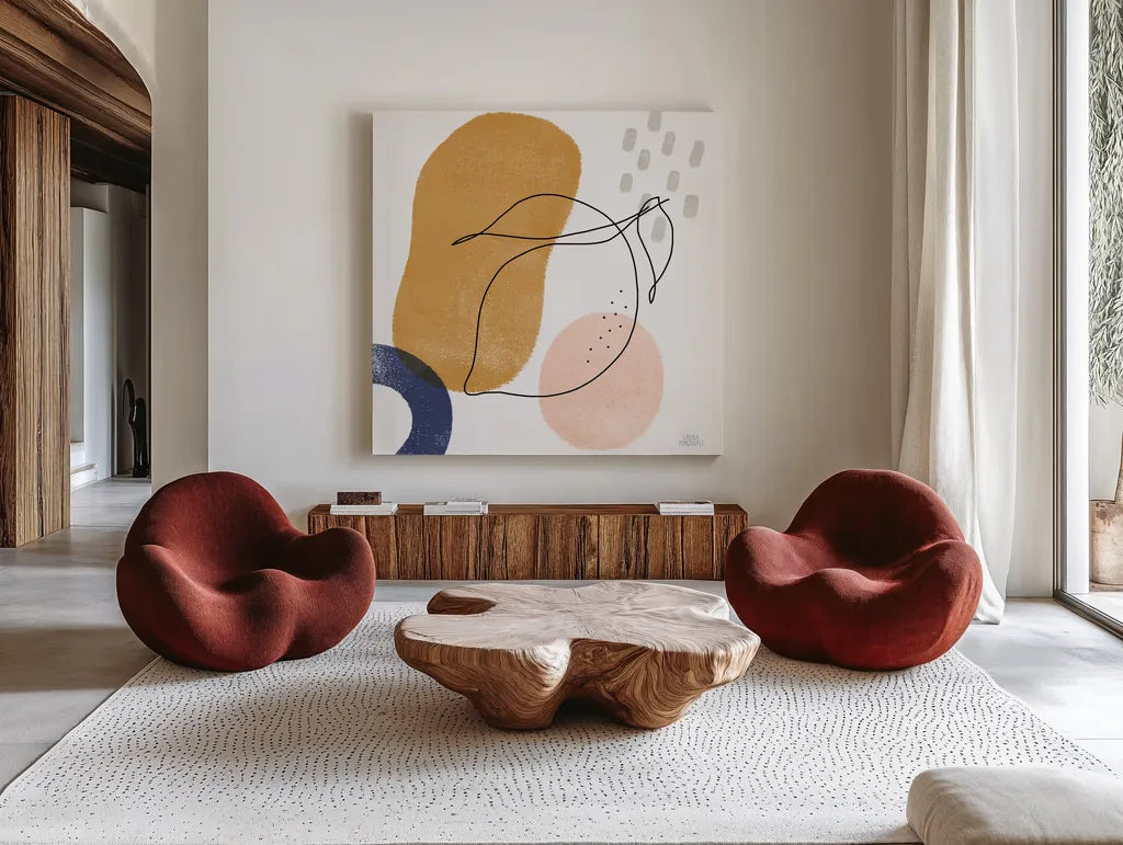 Kitchen Table II by Laura Marshall. Shown as extra-large giant wall art in a modern living room. Available as an archival giclee rolled canvas, fine art paper, or poster print. SKU 56338a.