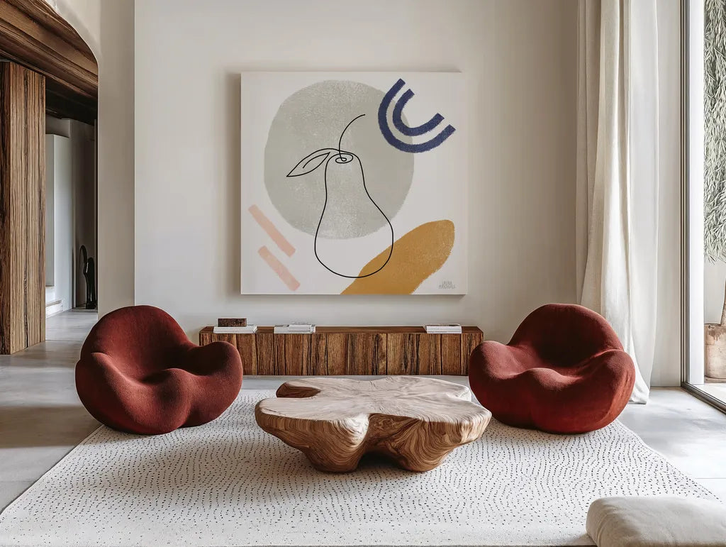 Kitchen Table III by Laura Marshall. Shown as extra-large giant wall art in a modern living room. Available as an archival giclee rolled canvas, fine art paper, or poster print. SKU 56339a.