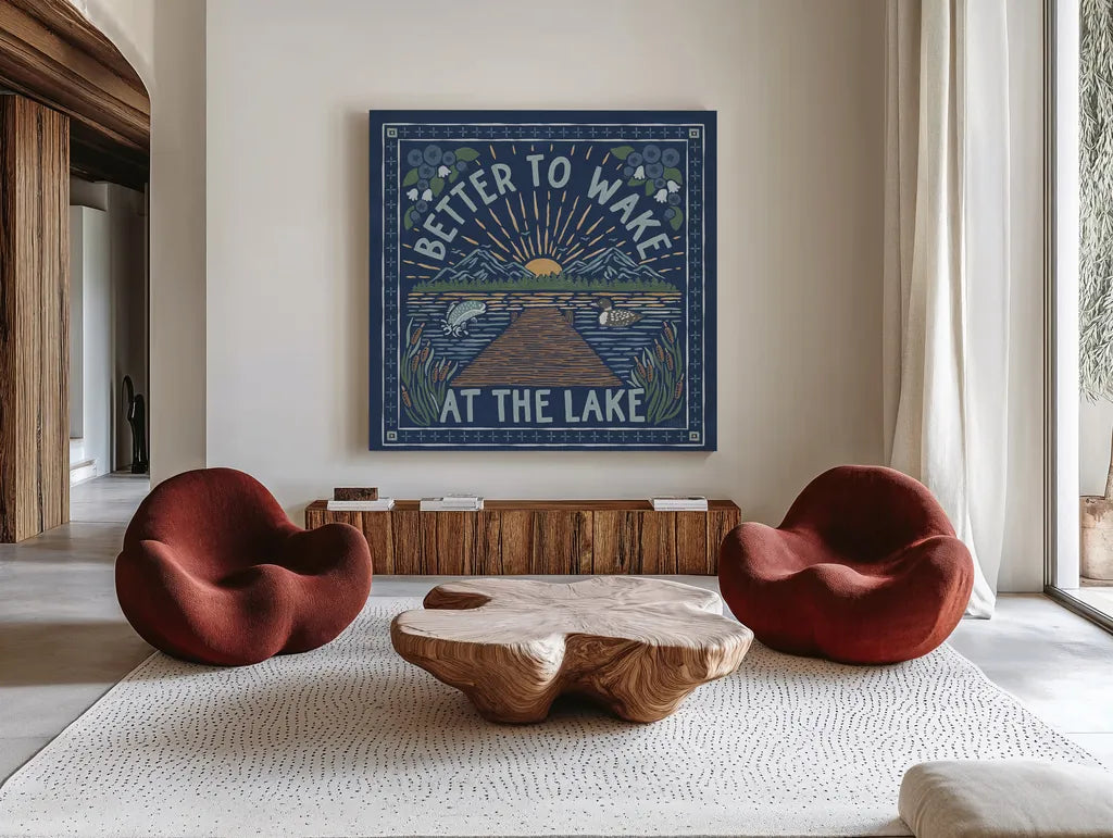 Lakeside Days II Blue by Laura Marshall. Shown as extra-large giant wall art in a modern living room. Available as an archival giclee rolled canvas, fine art paper, or poster print. SKU 84696a.