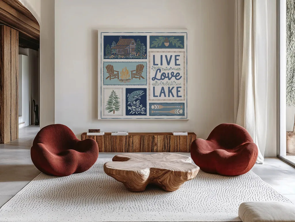 Lakeside Days VIII by Laura Marshall. Shown as extra-large giant wall art in a modern living room. Available as an archival giclee rolled canvas, fine art paper, or poster print. SKU 84690a.