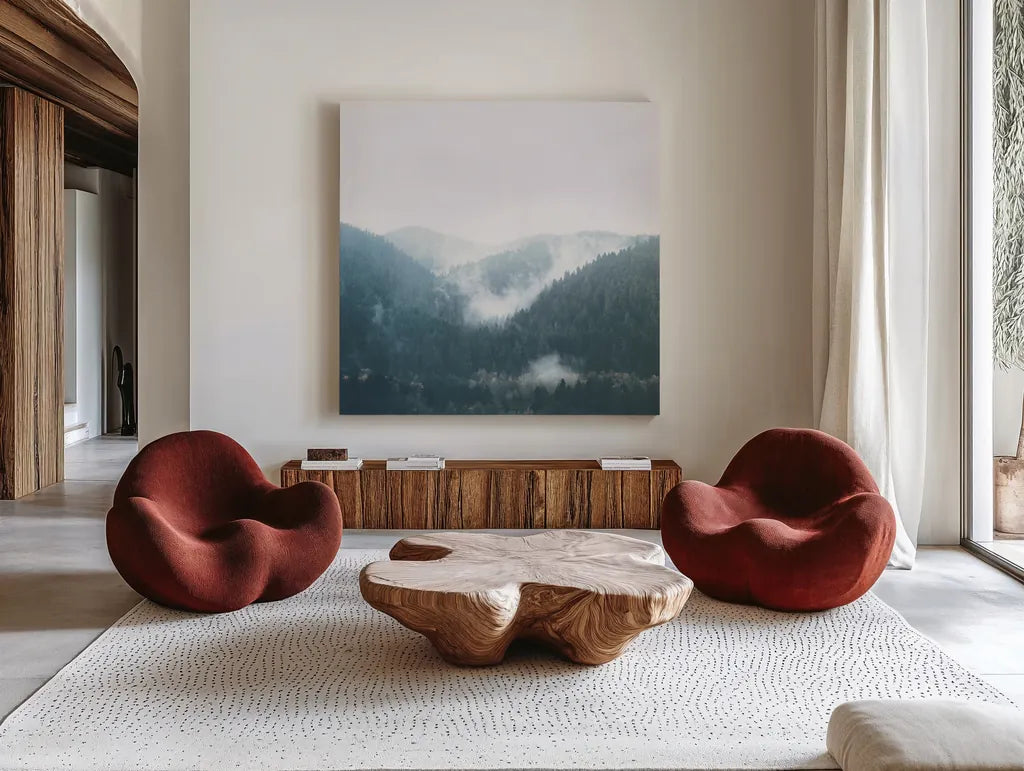 Landscape I Blue by Laura Marshall. Shown as extra-large giant wall art in a modern living room. Available as an archival giclee rolled canvas, fine art paper, or poster print. SKU 56285a.