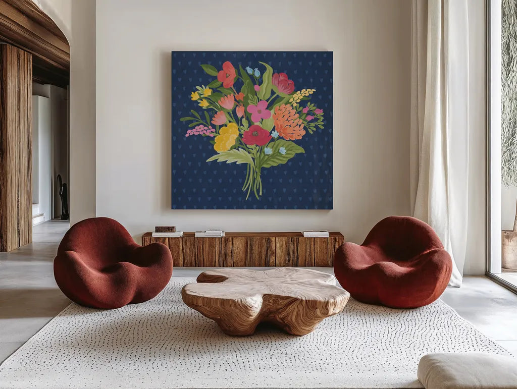 Love Letters X No Banner Blue by Laura Marshall. Shown as extra-large giant wall art in a modern living room. Available as an archival giclee rolled canvas, fine art paper, or poster print. SKU 67064a.