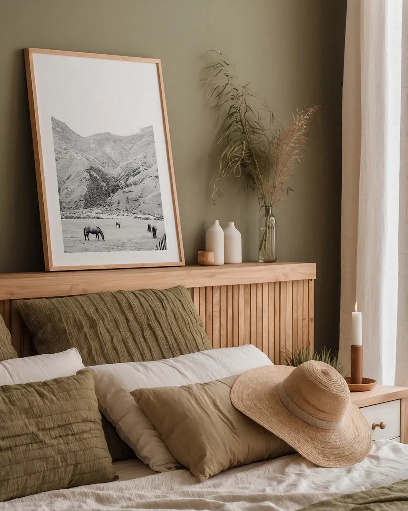 Moke Lake Horses V by Laura Marshall. shown as a paper print in a natural frame. Available as a archival giclee rolled canvas, fine art paper, or poster print. SKU 84133h.