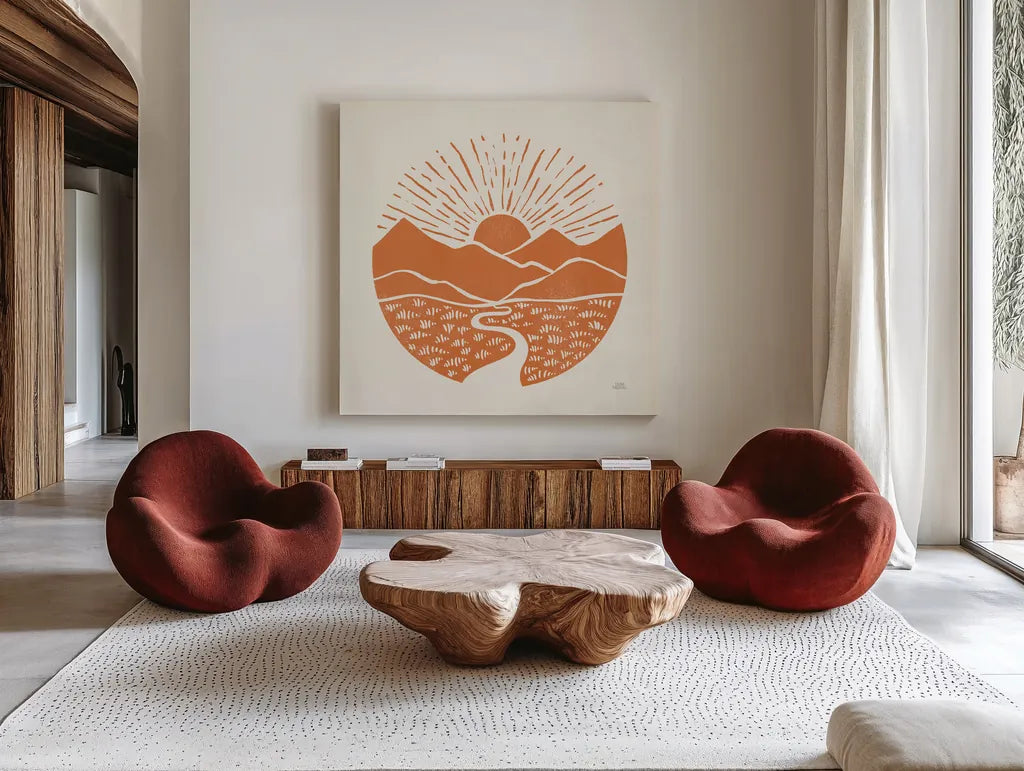 On the Horizon I by Laura Marshall. Shown as extra-large giant wall art in a modern living room. Available as an archival giclee rolled canvas, fine art paper, or poster print. SKU 65377a.