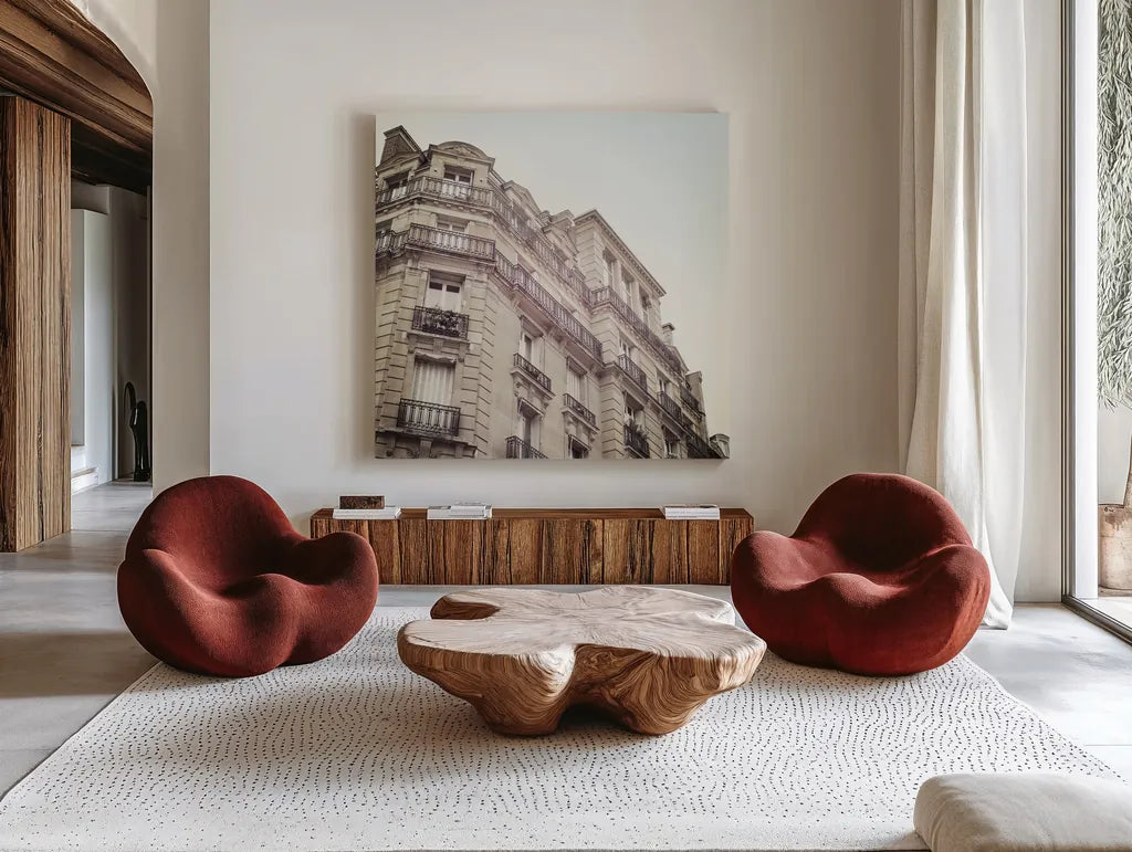 Paris Moments II Neutral by Laura Marshall. Shown as extra-large giant wall art in a modern living room. Available as an archival giclee rolled canvas, fine art paper, or poster print. SKU 72142a.