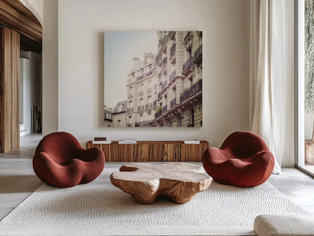 Paris Moments III Neutral v2 by Laura Marshall. Shown as extra-large giant wall art in a modern living room. Available as an archival giclee rolled canvas, fine art paper, or poster print. SKU 76216a.