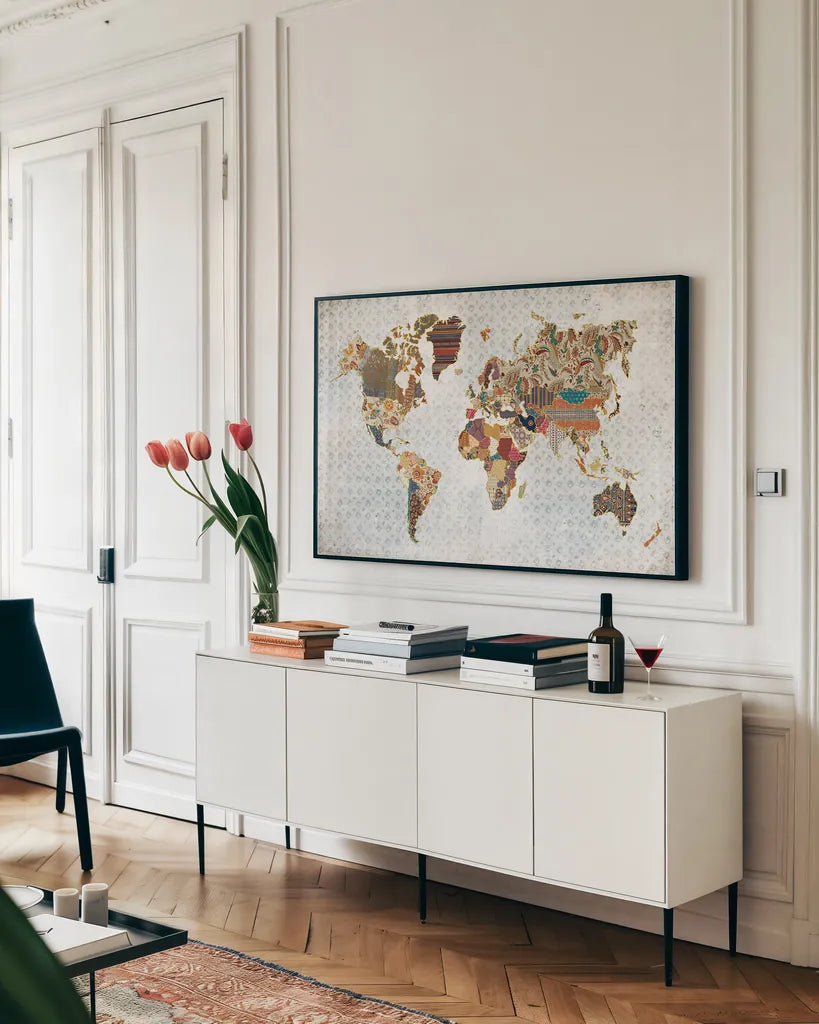 Pattern World Map Geo Background by Laura Marshall. shown as a framed stretched canvas in a living room above a console. Available as a archival giclee rolled canvas, fine art paper, or poster print. SKU 31807i.