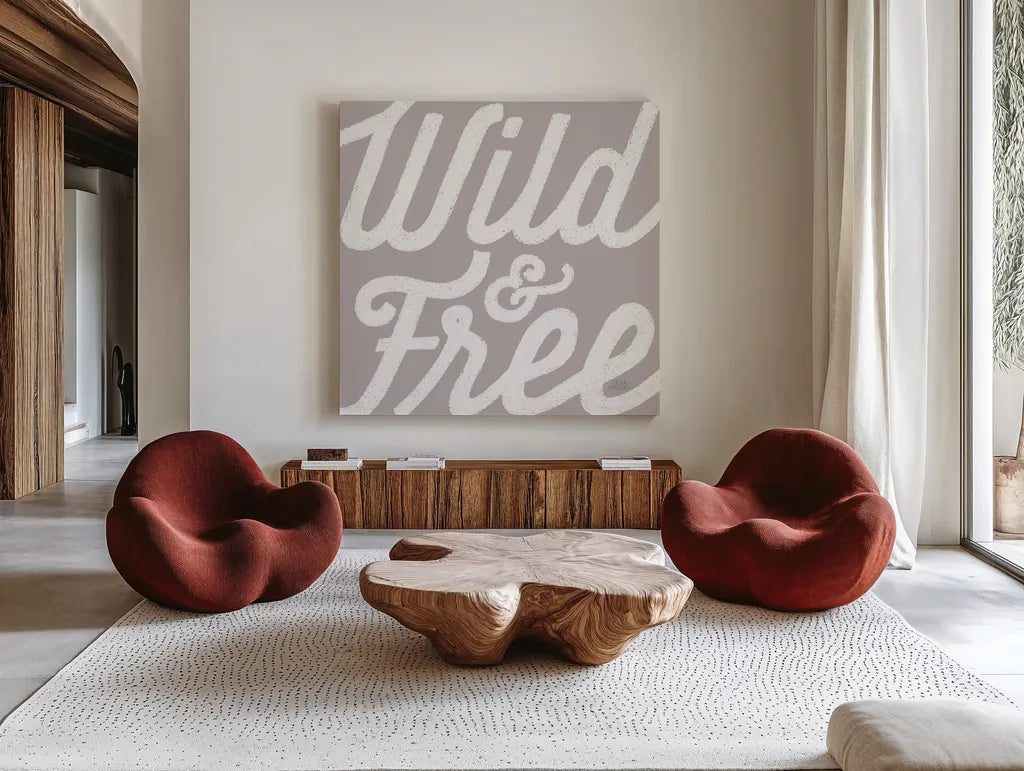 Positivity II Taupe by Laura Marshall. Shown as extra-large giant wall art in a modern living room. Available as an archival giclee rolled canvas, fine art paper, or poster print. SKU 63094a.