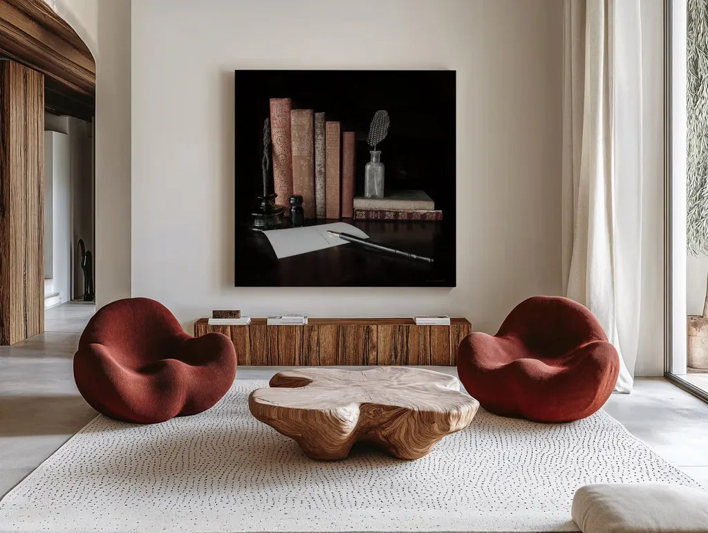 Quiet Study VI by Laura Marshall. Shown as extra-large giant wall art in a modern living room. Available as an archival giclee rolled canvas, fine art paper, or poster print. SKU 99043a.