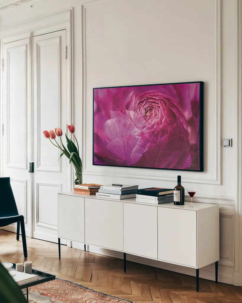 Ranunculus Abstract V Color by Laura Marshall. shown as a framed stretched canvas in a living room above a console. Available as a archival giclee rolled canvas, fine art paper, or poster print. SKU 25282i.