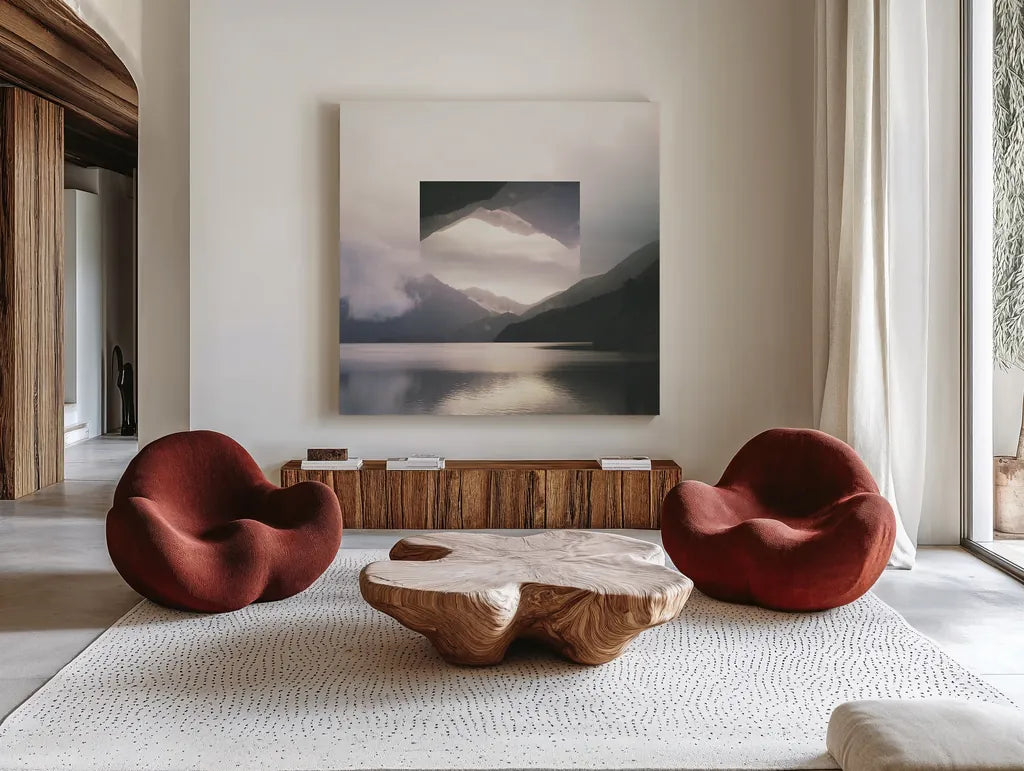 Reflected Landscape II by Laura Marshall. Shown as extra-large giant wall art in a modern living room. Available as an archival giclee rolled canvas, fine art paper, or poster print. SKU 25131a.
