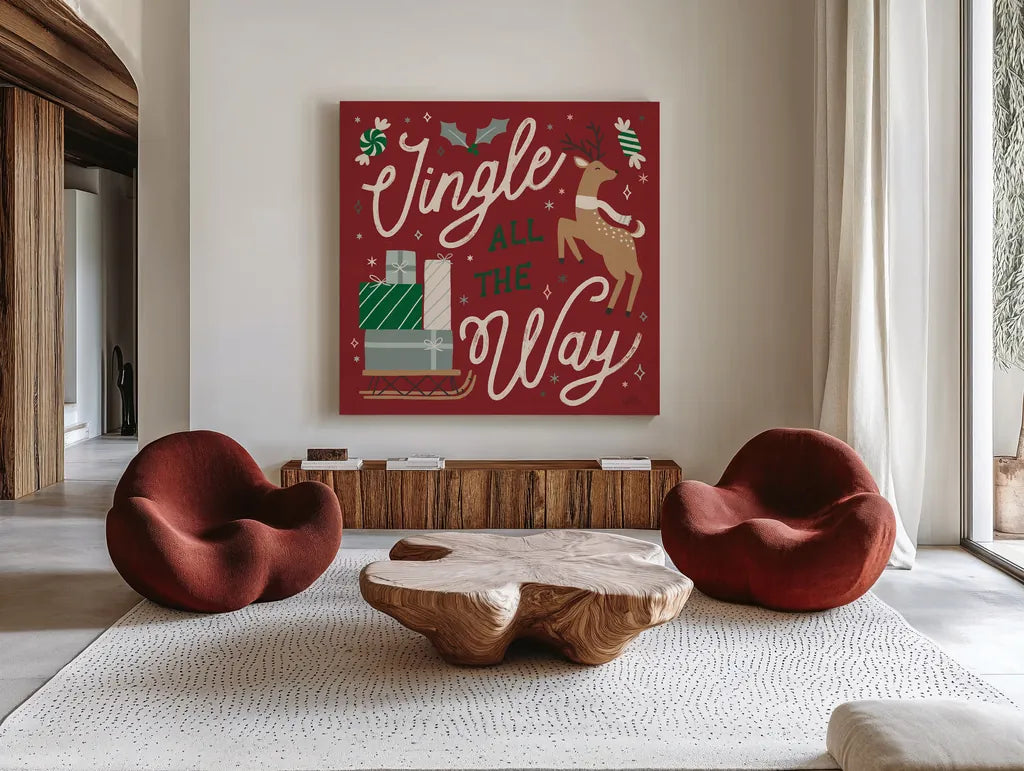 Reindeer Holiday V RG by Laura Marshall. Shown as extra-large giant wall art in a modern living room. Available as an archival giclee rolled canvas, fine art paper, or poster print. SKU 75791a.