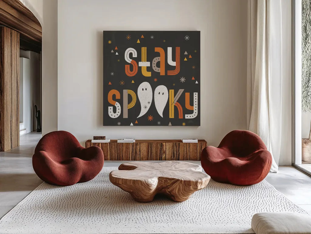 Retro Halloween III by Laura Marshall. Shown as extra-large giant wall art in a modern living room. Available as an archival giclee rolled canvas, fine art paper, or poster print. SKU 59593a.