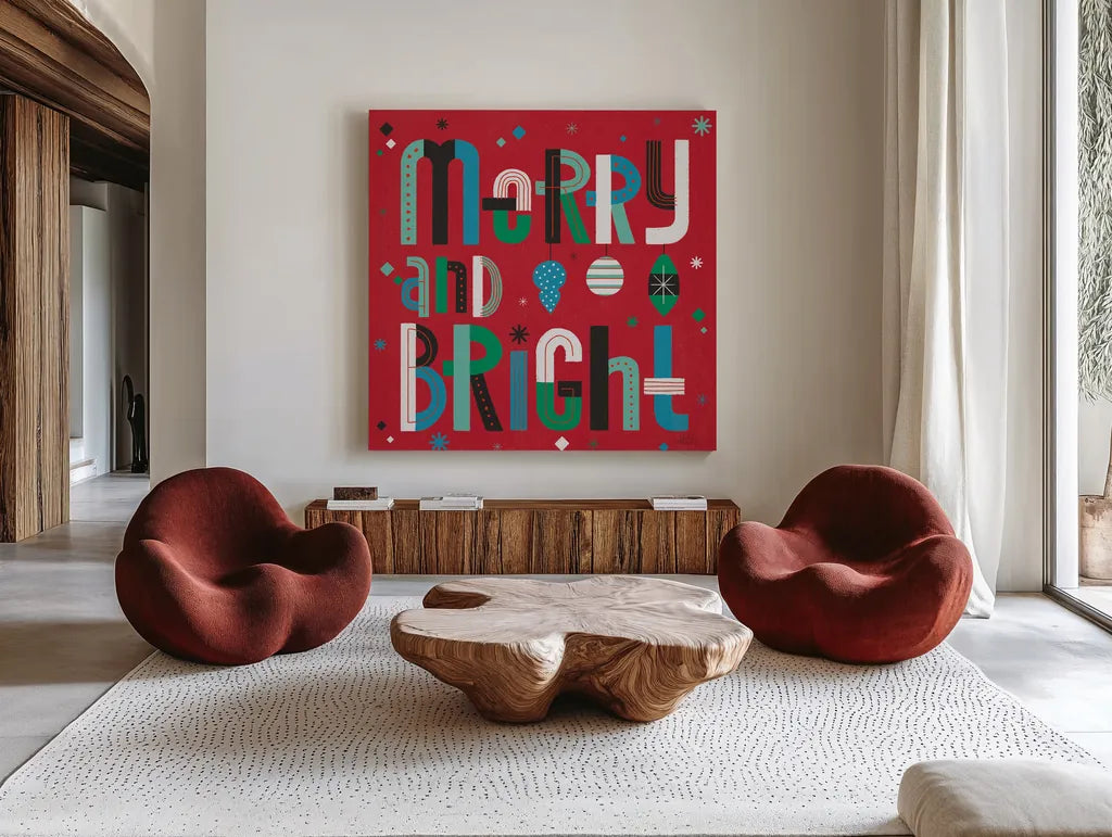 Retro Holiday IV Bright by Laura Marshall. Shown as extra-large giant wall art in a modern living room. Available as an archival giclee rolled canvas, fine art paper, or poster print. SKU 67514a.