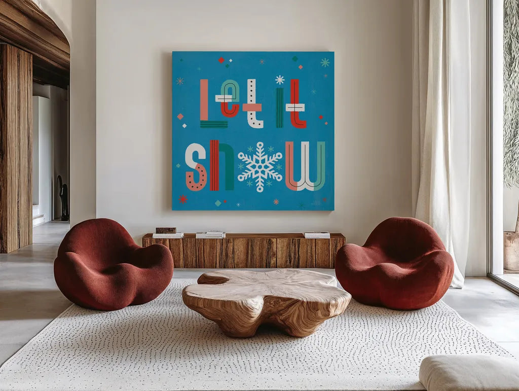 Retro Holiday VI Blue by Laura Marshall. Shown as extra-large giant wall art in a modern living room. Available as an archival giclee rolled canvas, fine art paper, or poster print. SKU 65283a.