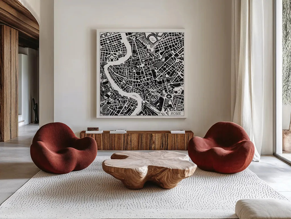 Rome Map Black by Laura Marshall. Shown as extra-large giant wall art in a modern living room. Available as an archival giclee rolled canvas, fine art paper, or poster print. SKU 60393a.