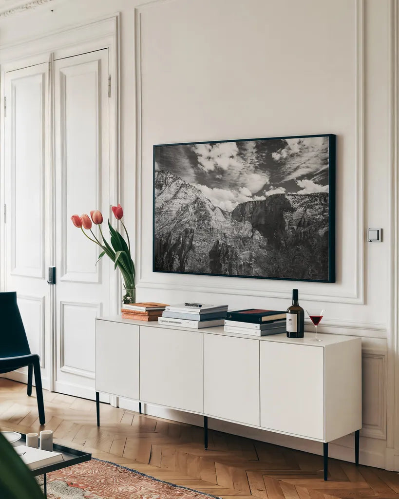 Scouts Landing I by Laura Marshall. shown as a framed stretched canvas in a living room above a console. Available as a archival giclee rolled canvas, fine art paper, or poster print. SKU 64414i.