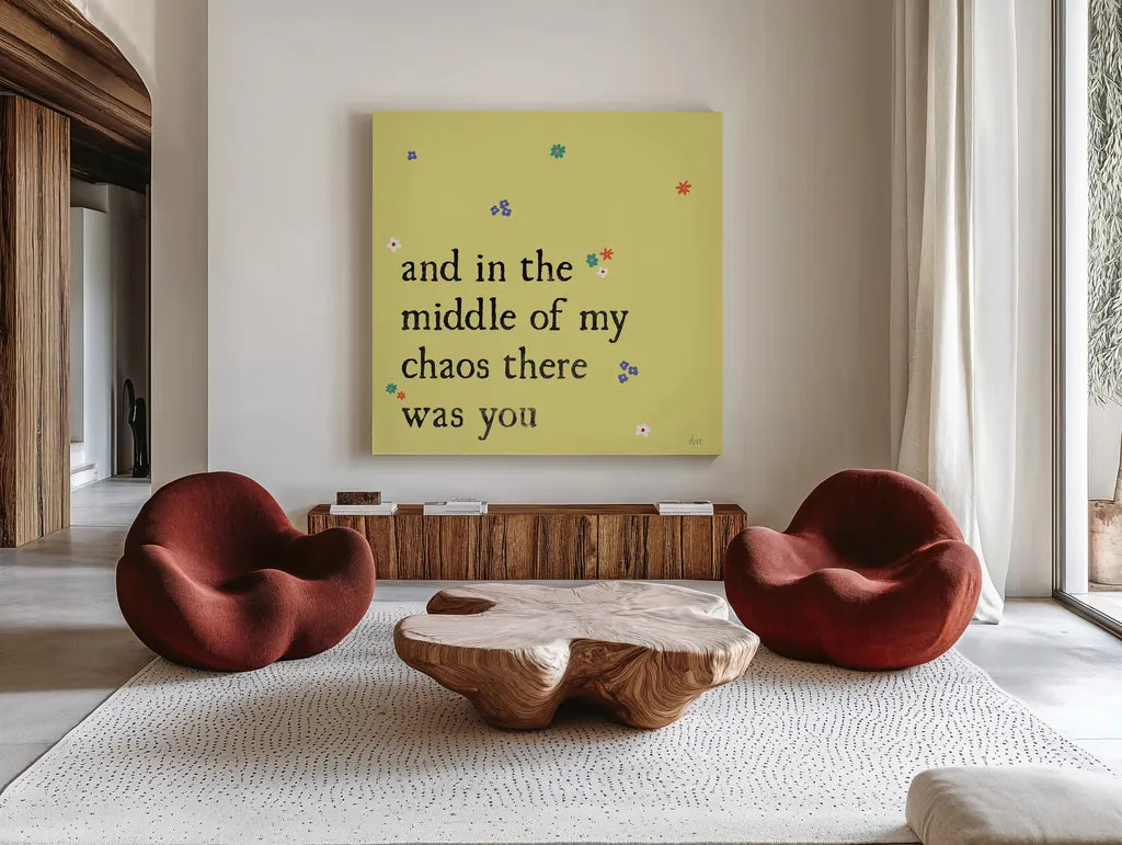 Simple Romance I Colorful by Laura Marshall. Shown as extra-large giant wall art in a modern living room. Available as an archival giclee rolled canvas, fine art paper, or poster print. SKU 77934a.