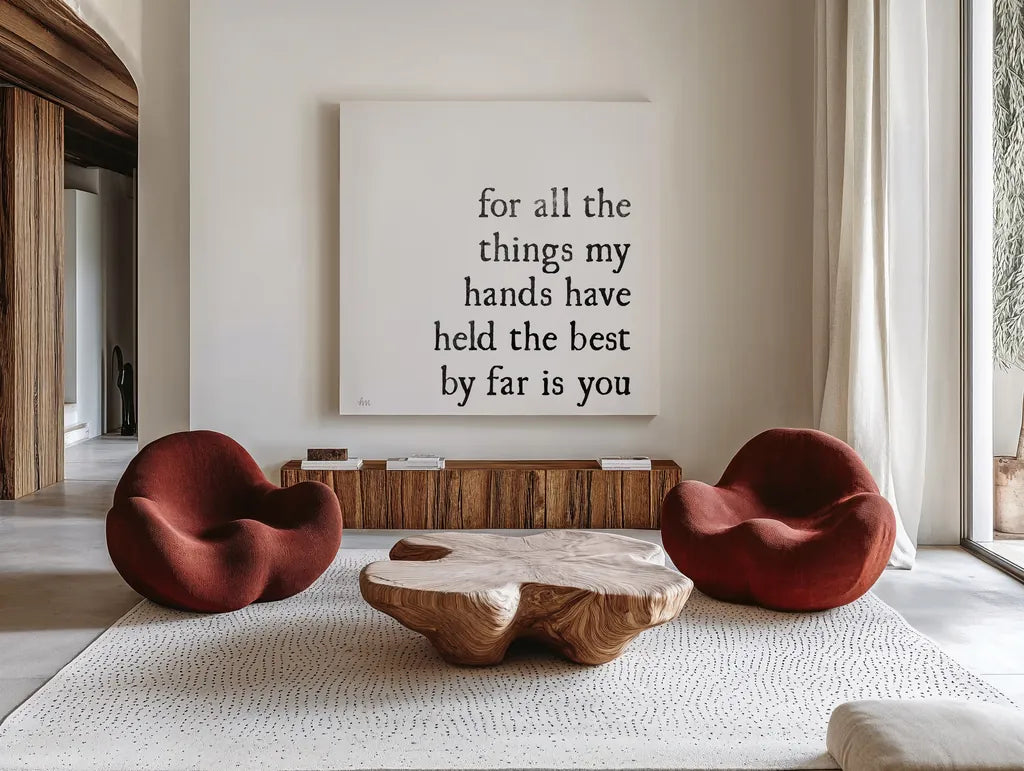 Simple Romance II by Laura Marshall. Shown as extra-large giant wall art in a modern living room. Available as an archival giclee rolled canvas, fine art paper, or poster print. SKU 59792a.