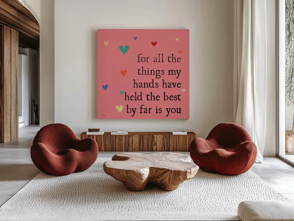 Simple Romance II Colorful by Laura Marshall. Shown as extra-large giant wall art in a modern living room. Available as an archival giclee rolled canvas, fine art paper, or poster print. SKU 77935a.