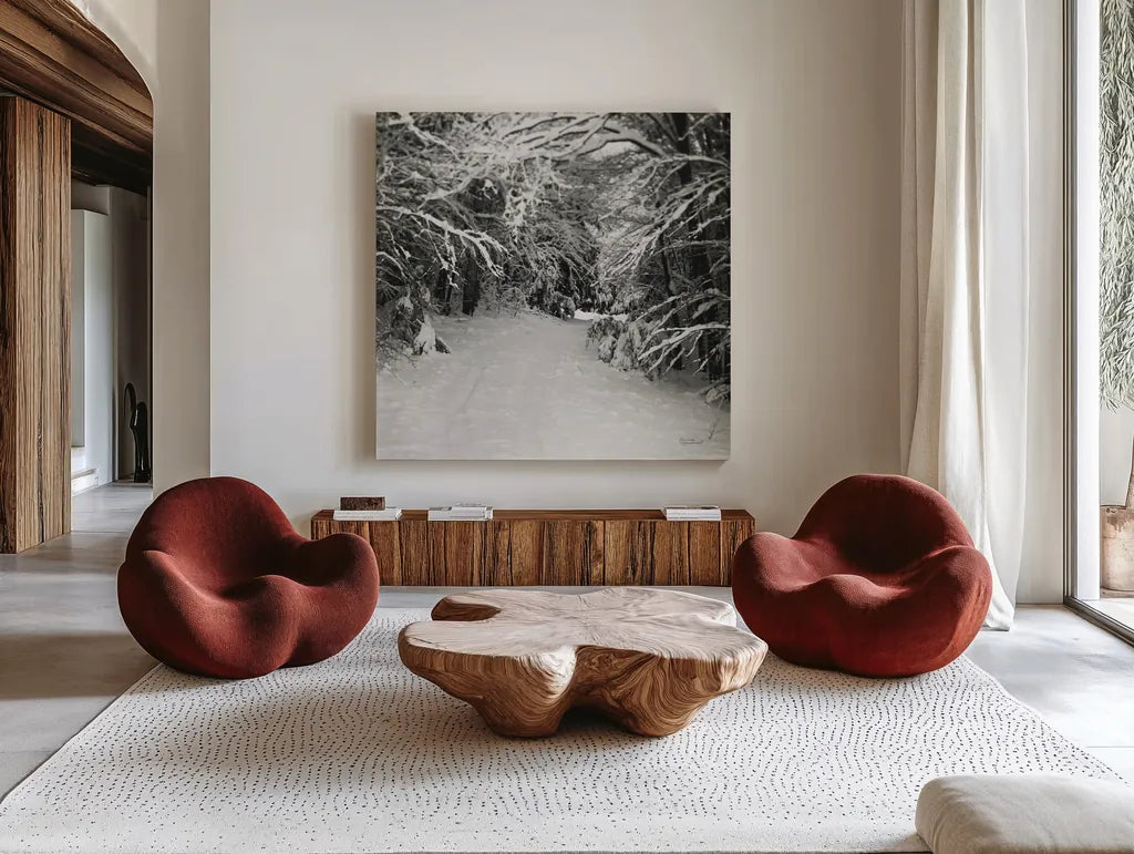 Snowed In by Laura Marshall. Shown as extra-large giant wall art in a modern living room. Available as an archival giclee rolled canvas, fine art paper, or poster print. SKU 34168a.