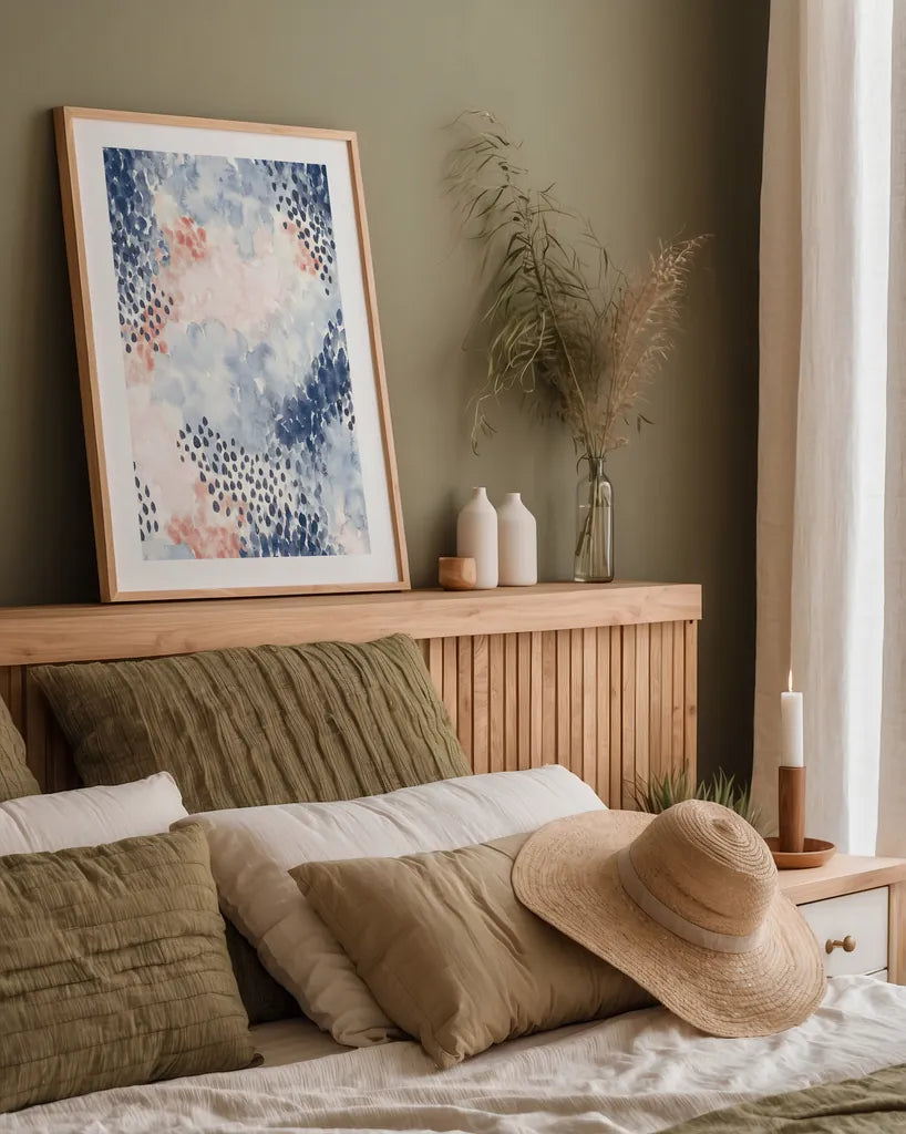 Spring Blooms I Blue by Laura Marshall. shown as a paper print in a natural frame. Available as a archival giclee rolled canvas, fine art paper, or poster print. SKU 54047h.