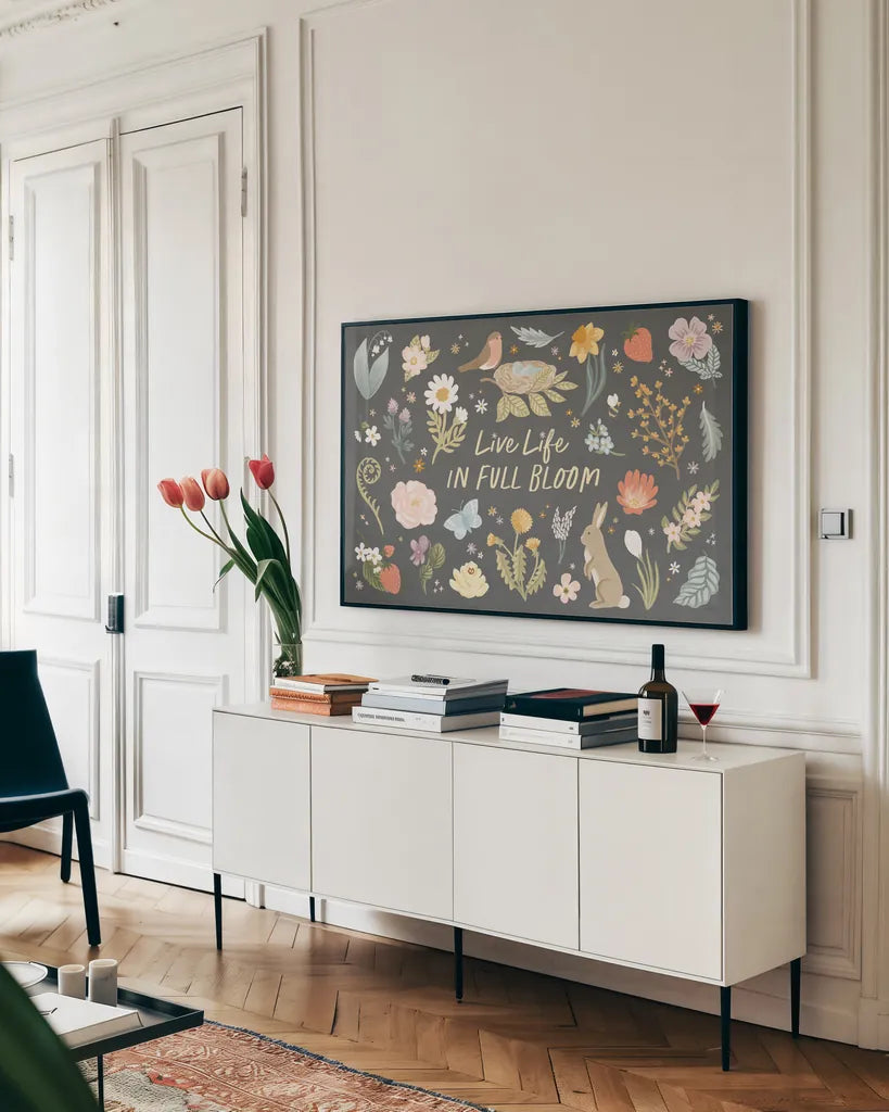Spring Garden I Dark by Laura Marshall. shown as a framed stretched canvas in a living room above a console. Available as a archival giclee rolled canvas, fine art paper, or poster print. SKU 73749i.