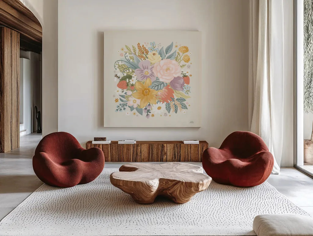 Spring Garden VI by Laura Marshall. Shown as extra-large giant wall art in a modern living room. Available as an archival giclee rolled canvas, fine art paper, or poster print. SKU 73745a.
