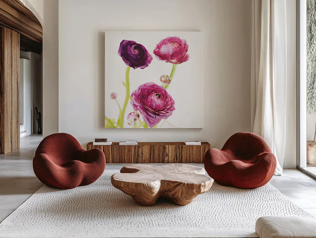 Spring Ranunculus I by Laura Marshall. Shown as extra-large giant wall art in a modern living room. Available as an archival giclee rolled canvas, fine art paper, or poster print. SKU 25097a.