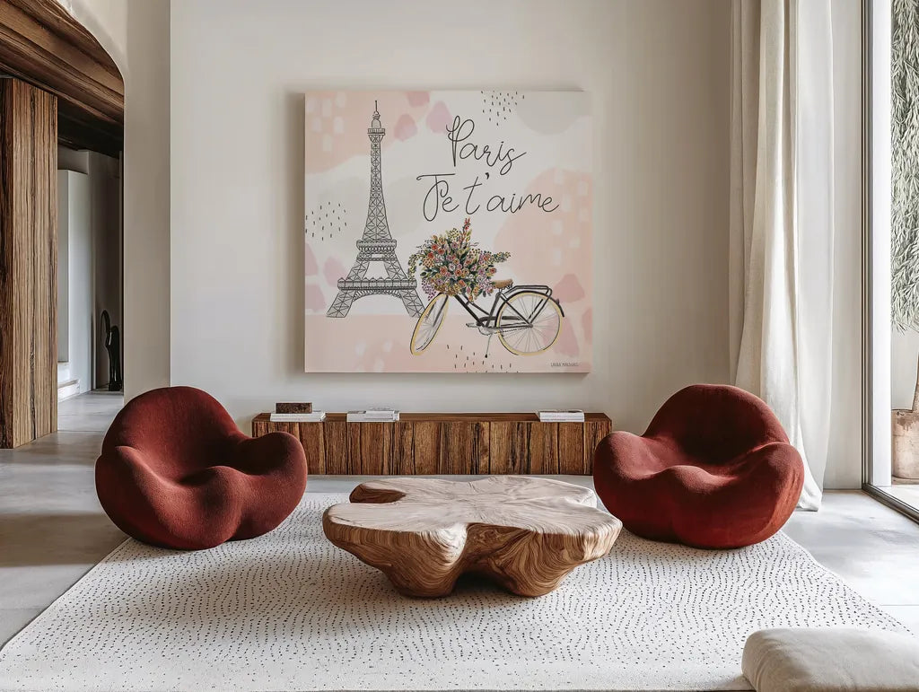 Sweet Paris II by Laura Marshall. Shown as extra-large giant wall art in a modern living room. Available as an archival giclee rolled canvas, fine art paper, or poster print. SKU 48941a.