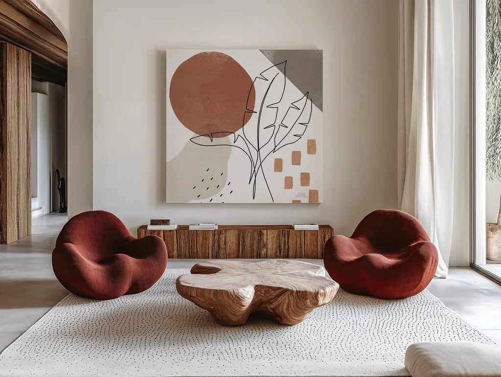 Terracotta Tropics IV by Laura Marshall. Shown as extra-large giant wall art in a modern living room. Available as an archival giclee rolled canvas, fine art paper, or poster print. SKU 56533a.