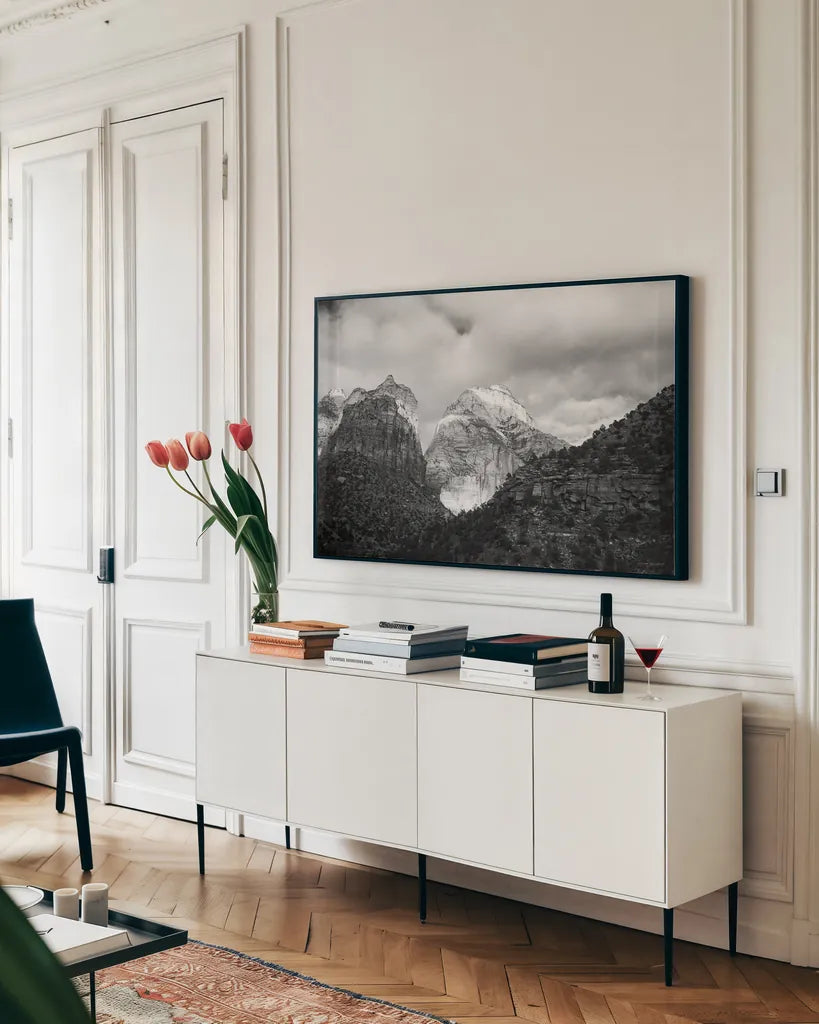 The East Temple by Laura Marshall. shown as a framed stretched canvas in a living room above a console. Available as a archival giclee rolled canvas, fine art paper, or poster print. SKU 64416i.