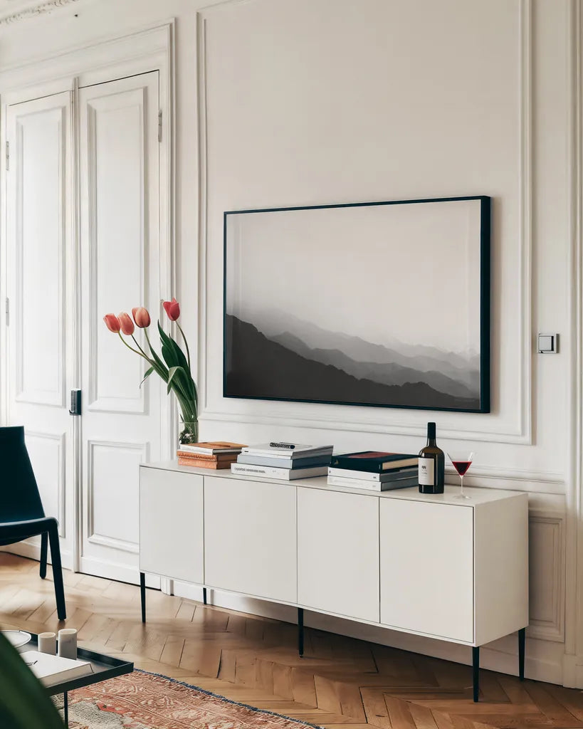 Virgin Mountains II by Laura Marshall. shown as a framed stretched canvas in a living room above a console. Available as a archival giclee rolled canvas, fine art paper, or poster print. SKU 64421i.