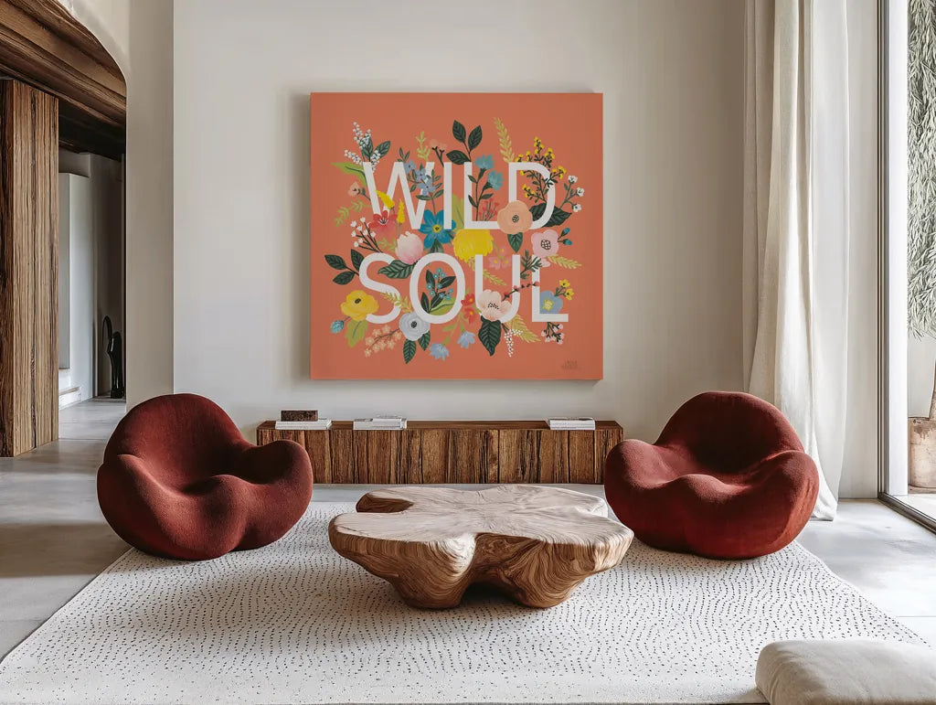 Wild Garden I by Laura Marshall. Shown as extra-large giant wall art in a modern living room. Available as an archival giclee rolled canvas, fine art paper, or poster print. SKU 48005a.