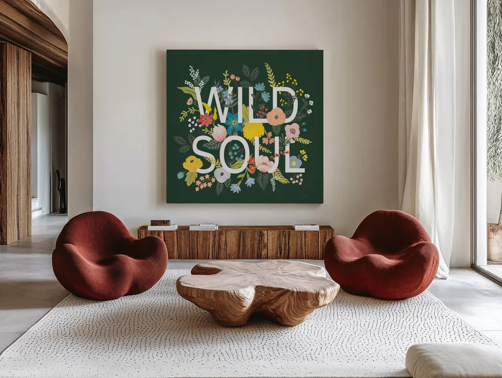 Wild Garden I Green by Laura Marshall. Shown as extra-large giant wall art in a modern living room. Available as an archival giclee rolled canvas, fine art paper, or poster print. SKU 56468a.