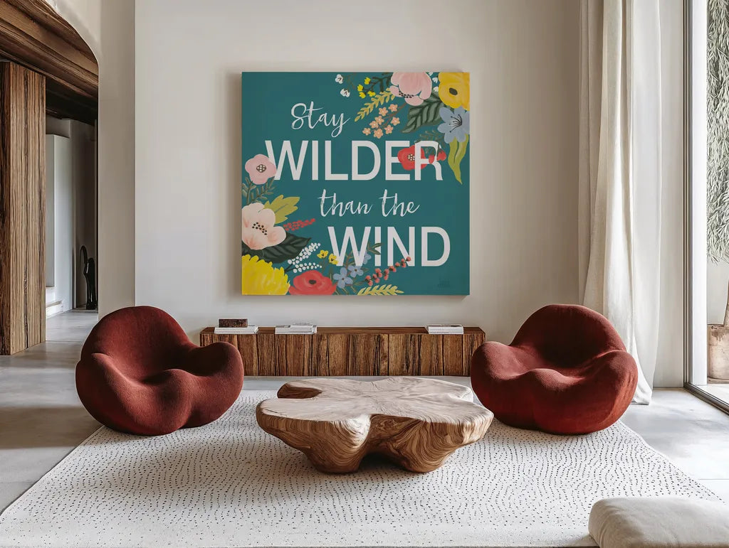 Wild Garden III by Laura Marshall. Shown as extra-large giant wall art in a modern living room. Available as an archival giclee rolled canvas, fine art paper, or poster print. SKU 48007a.