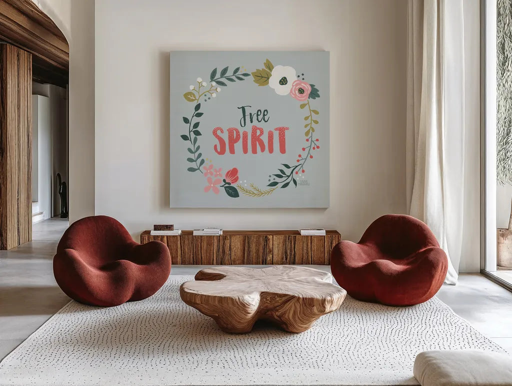 Wildflower Daydreams III by Laura Marshall. Shown as extra-large giant wall art in a modern living room. Available as an archival giclee rolled canvas, fine art paper, or poster print. SKU 34689a.