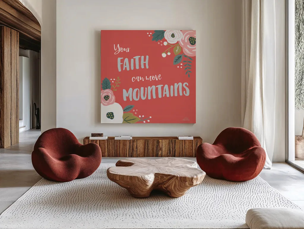 Wildflower Daydreams V Move Mountains Red by Laura Marshall. Shown as extra-large giant wall art in a modern living room. Available as an archival giclee rolled canvas, fine art paper, or poster print. SKU 35506a.